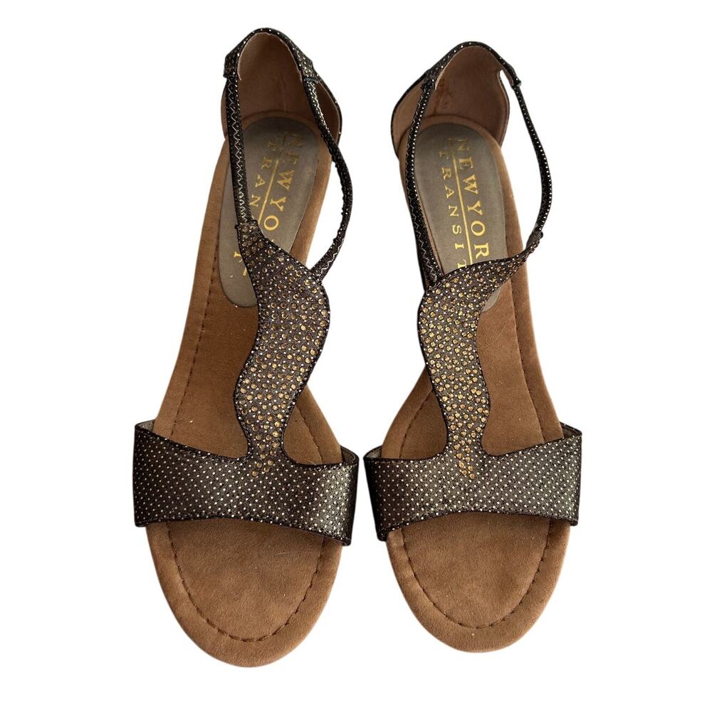 New York Transit Women's Brown Gold Sparkle Bling Elegant Wedge Sandals Size 8.5 - Picture 2 of 9